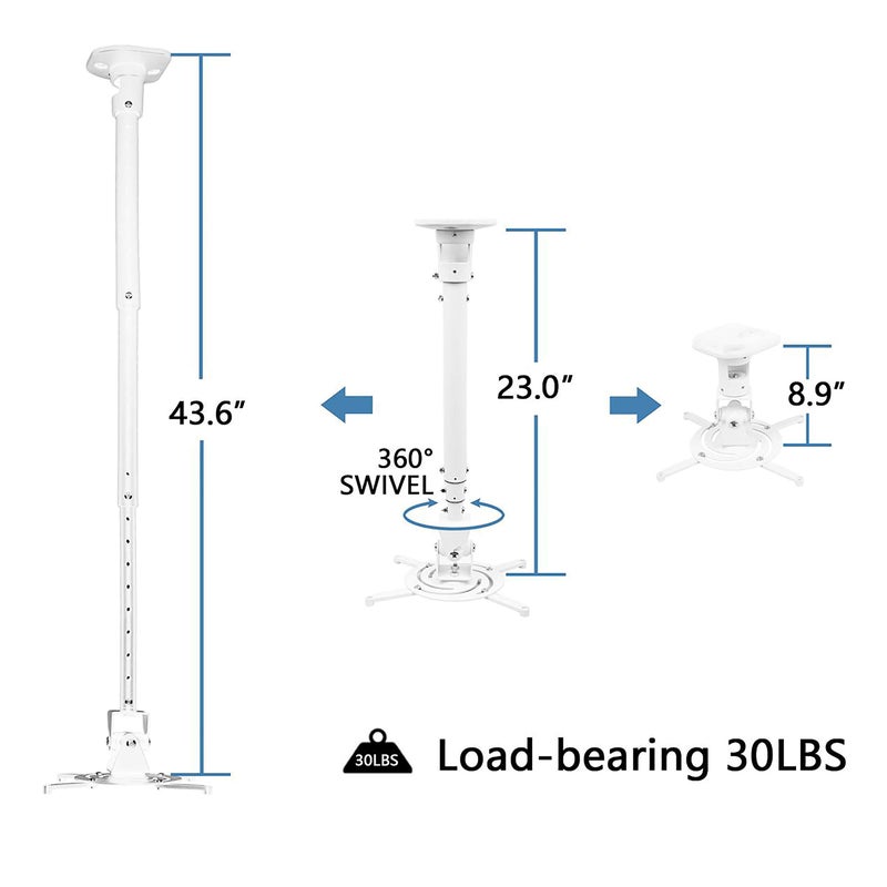 DYNAVISTA Full Motion Universal Ceiling Projector Mount Bracket with Adjustable Height and Extendable Arms Rotating Swivel Mount for Home and Office Projector (White) - Image 4